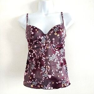 Pierre Cardin Floral Striped Satin Effects Mesh Sheer Back Bustier Top Camisole